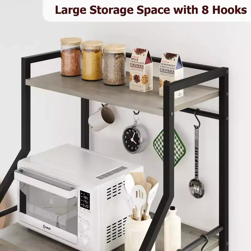 Estante industrial para panaderos de 5 niveles con 2 cestas de rejilla grandes y 8 ganchos - Soporte para microondas de cocina y estantes de almacenamiento para barra de café