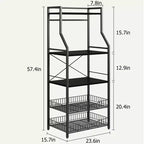 Estante industrial para panaderos de 5 niveles con 2 cestas de rejilla grandes y 8 ganchos - Soporte para microondas de cocina y estantes de almacenamiento para barra de café