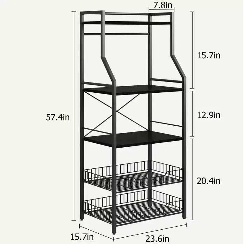 Estante industrial para panaderos de 5 niveles con 2 cestas de rejilla grandes y 8 ganchos - Soporte para microondas de cocina y estantes de almacenamiento para barra de café