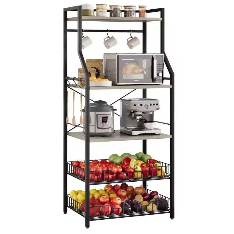 Estante industrial para panaderos de 5 niveles con 2 cestas de rejilla grandes y 8 ganchos - Soporte para microondas de cocina y estantes de almacenamiento para barra de café