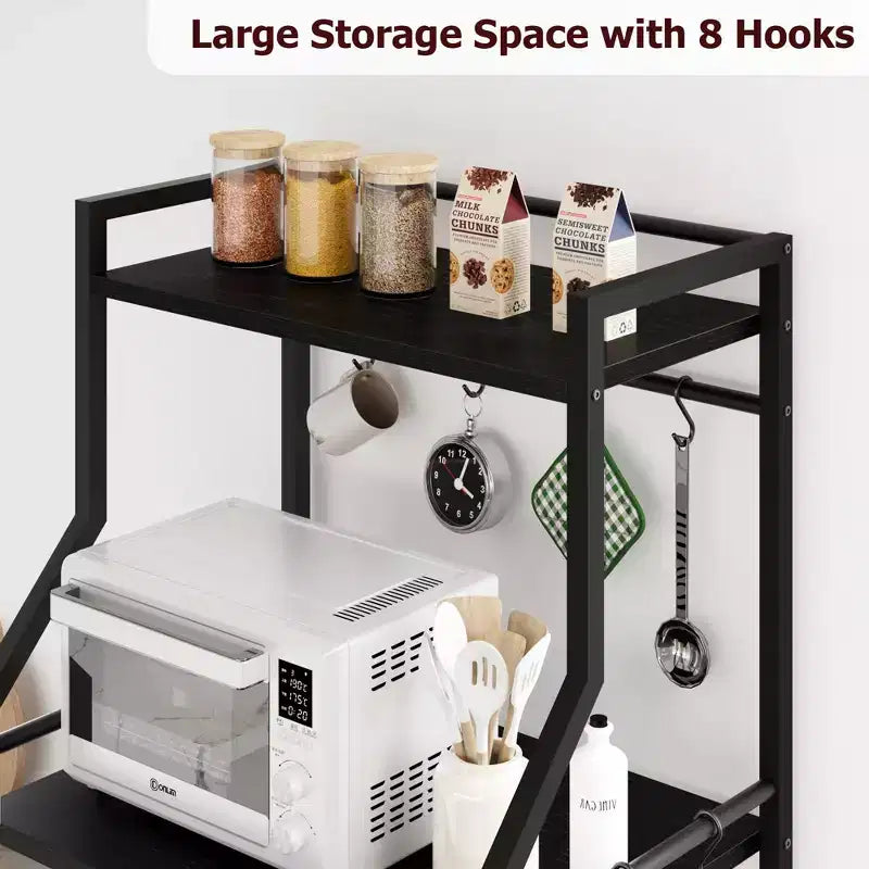 Estante industrial para panaderos de 5 niveles con 2 cestas de rejilla grandes y 8 ganchos - Soporte para microondas de cocina y estantes de almacenamiento para barra de café