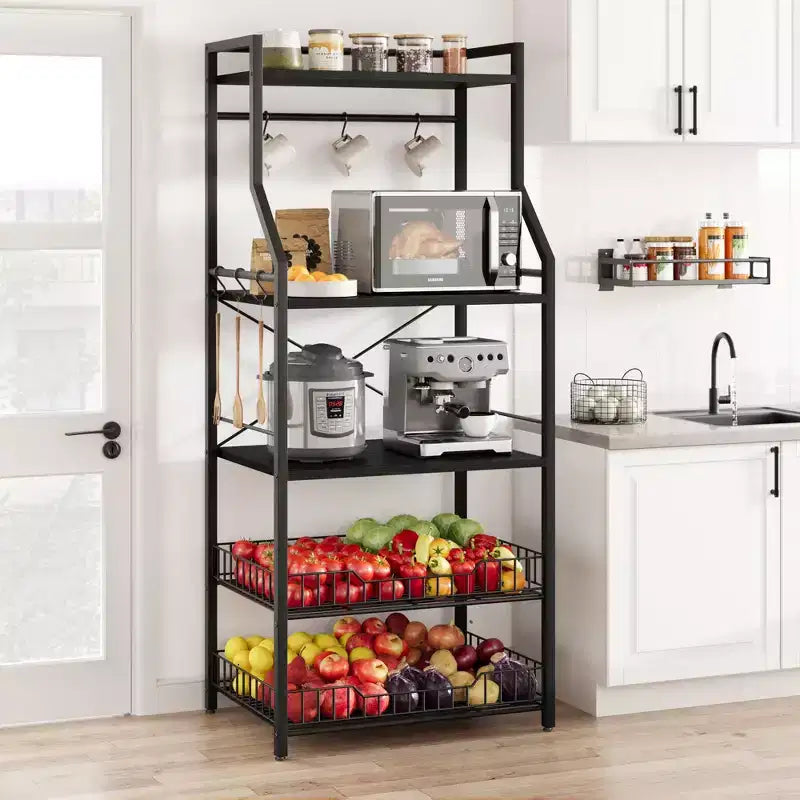 Industrial 5-Tier Bakers Rack with 2 Large Wire Baskets & 8 Hooks - Kitchen Microwave Stand & Coffee Bar Storage Shelves