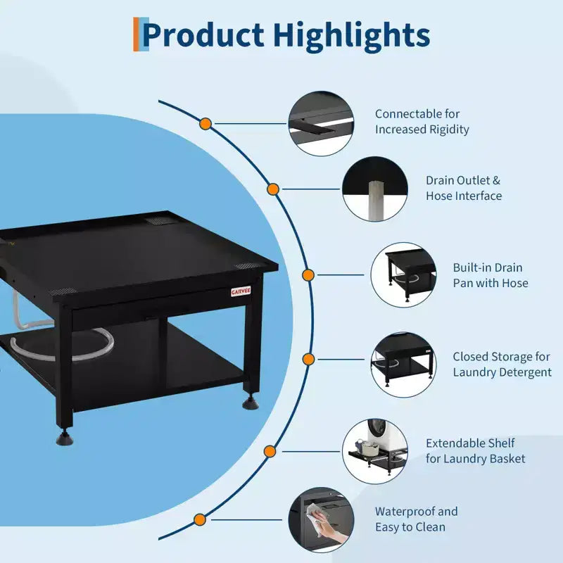 Pedestales anchos para lavadora y secadora de 24/27 pulgadas con estante extraíble, pedestal con patas antivibración ajustables, bandeja y manguera de drenaje, capacidad de 800 a 1000 libras
