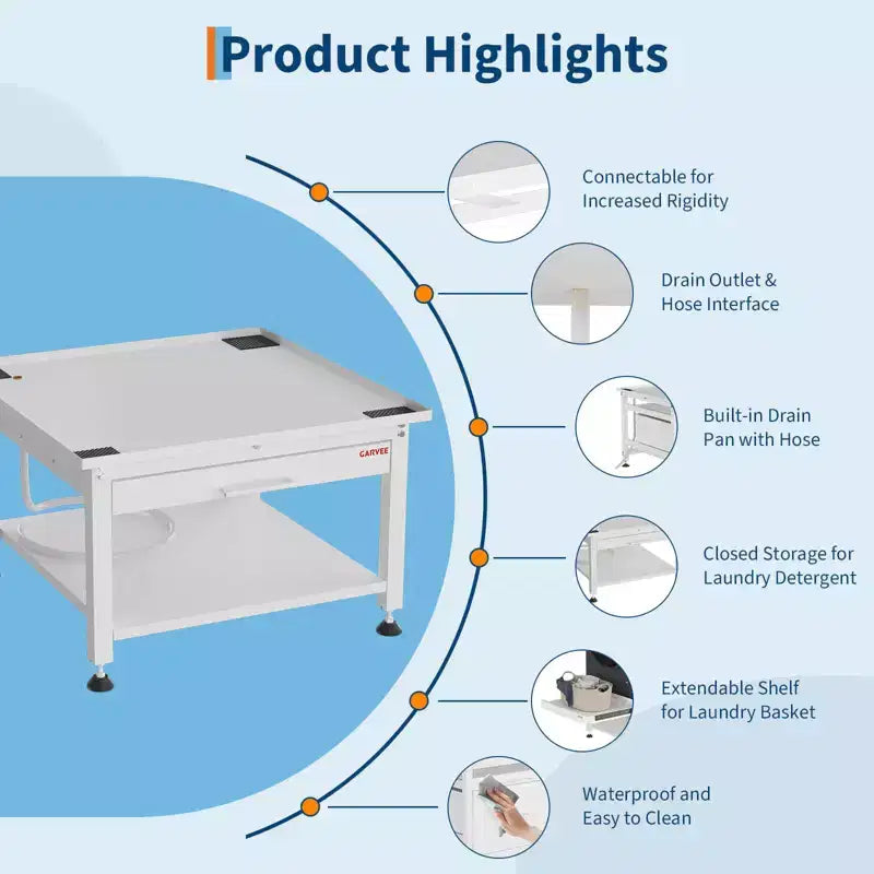 Pedestales anchos para lavadora y secadora de 24/27 pulgadas con estante extraíble, pedestal con patas antivibración ajustables, bandeja y manguera de drenaje, capacidad de 800 a 1000 libras
