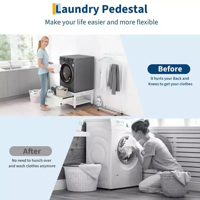 Pedestales anchos para lavadora y secadora de 24/27 pulgadas con estante extraíble, pedestal con patas antivibración ajustables, bandeja y manguera de drenaje, capacidad de 800 a 1000 libras