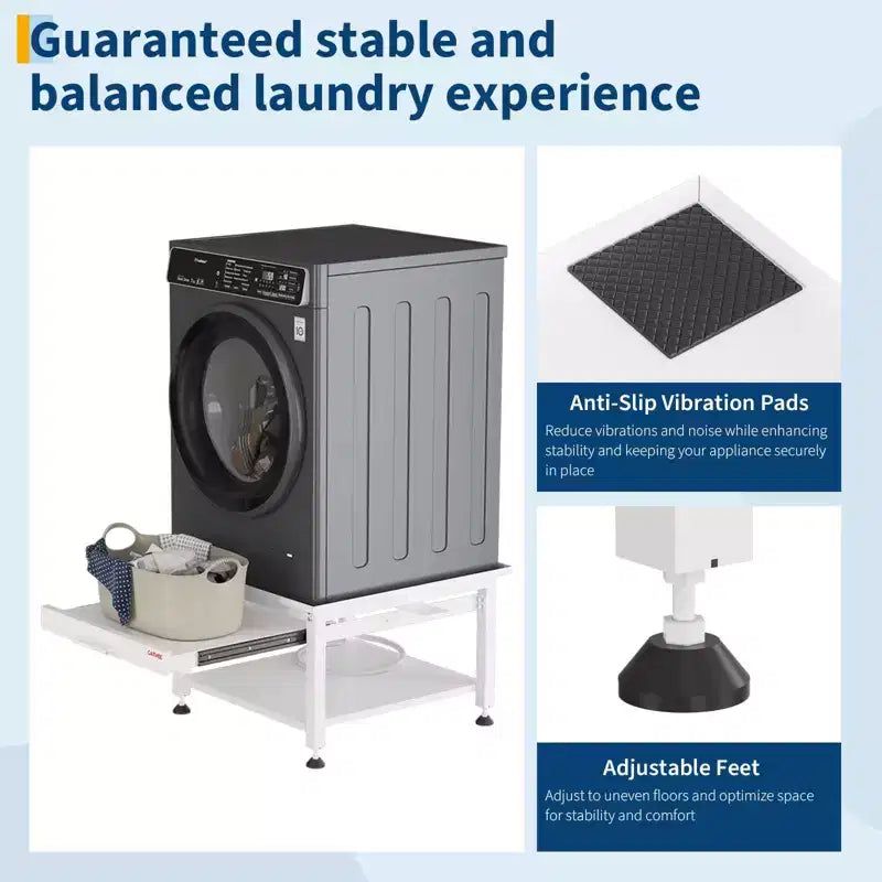 Pedestales anchos para lavadora y secadora de 24/27 pulgadas con estante extraíble, pedestal con patas antivibración ajustables, bandeja y manguera de drenaje, capacidad de 800 a 1000 libras