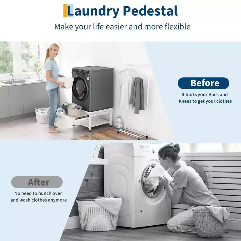 Pedestales anchos para lavadora y secadora de 24/27 pulgadas con estante extraíble, pedestal con patas antivibración ajustables, bandeja y manguera de drenaje, capacidad de 800 a 1000 libras