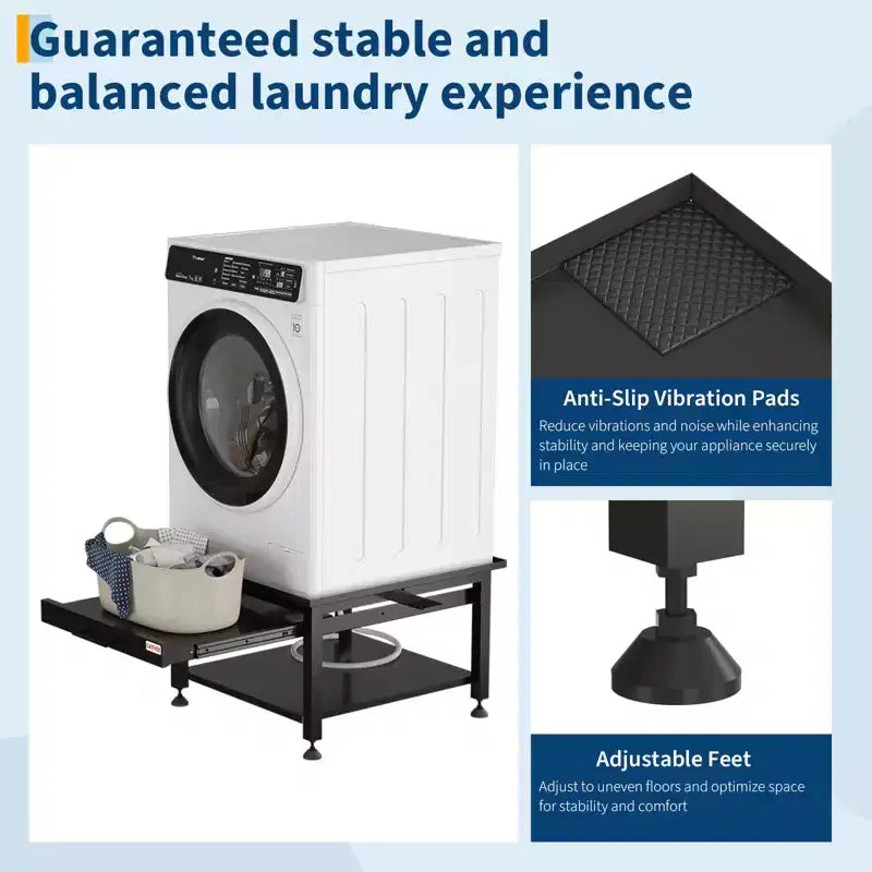 Pedestales anchos para lavadora y secadora de 24/27 pulgadas con estante extraíble, pedestal con patas antivibración ajustables, bandeja y manguera de drenaje, capacidad de 800 a 1000 libras