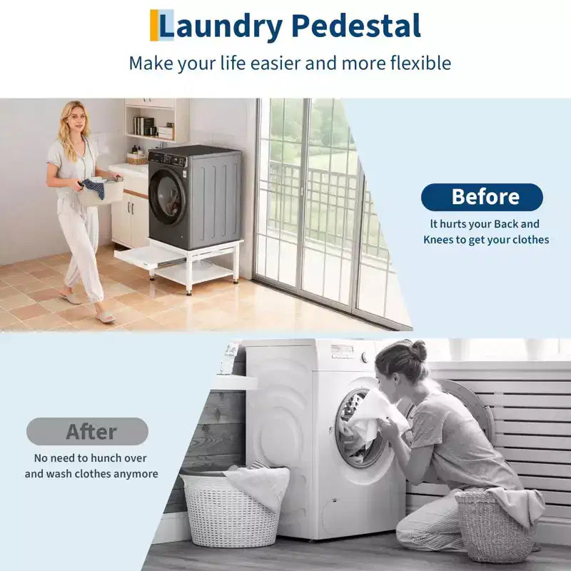 Pedestales anchos para lavadora y secadora de 24/27 pulgadas con estante extraíble, pedestal con patas antivibración ajustables, bandeja y manguera de drenaje, capacidad de 800 a 1000 libras