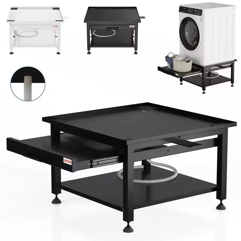 24/27 Wide Washer and Dryer Pedestals with Pullout-Shelf, Pedestal with Adjustable Anti-Vibration Pads, Drain Pan and Hose, 800 - 1000 lbs Capacity