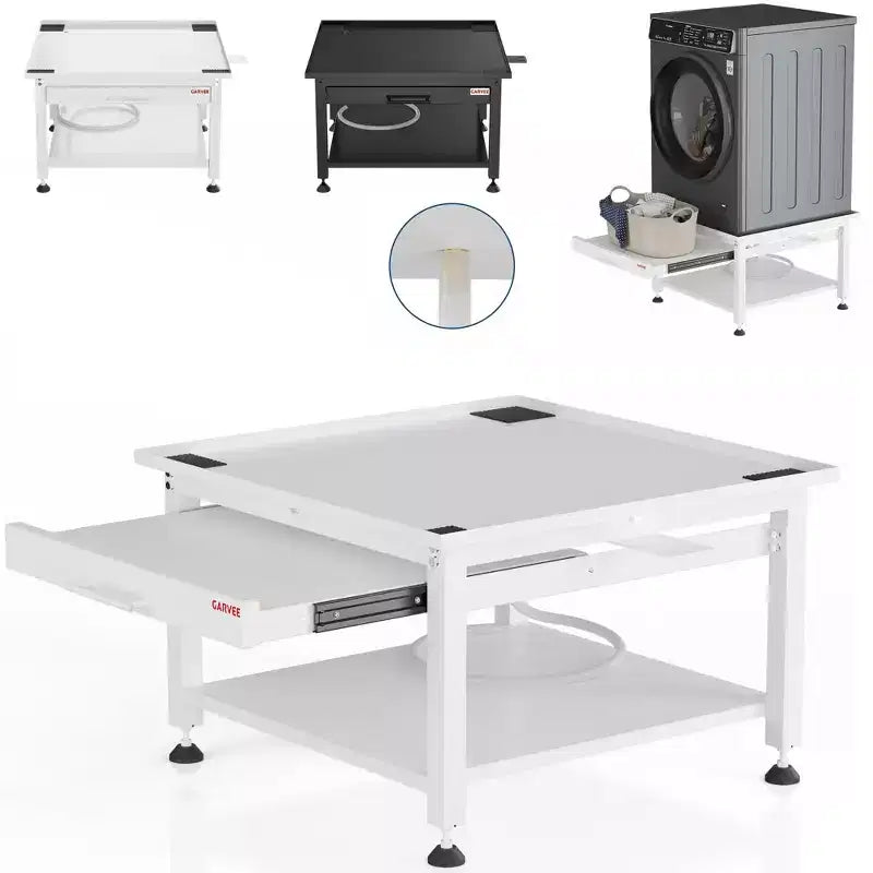 Pedestales anchos para lavadora y secadora de 24/27 pulgadas con estante extraíble, pedestal con patas antivibración ajustables, bandeja y manguera de drenaje, capacidad de 800 a 1000 libras