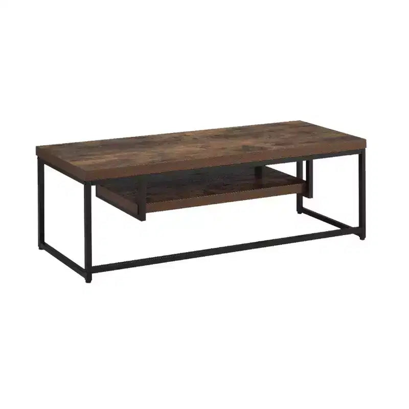 Mueble de TV de madera y metal con un estante, roble envejecido marrón y negro