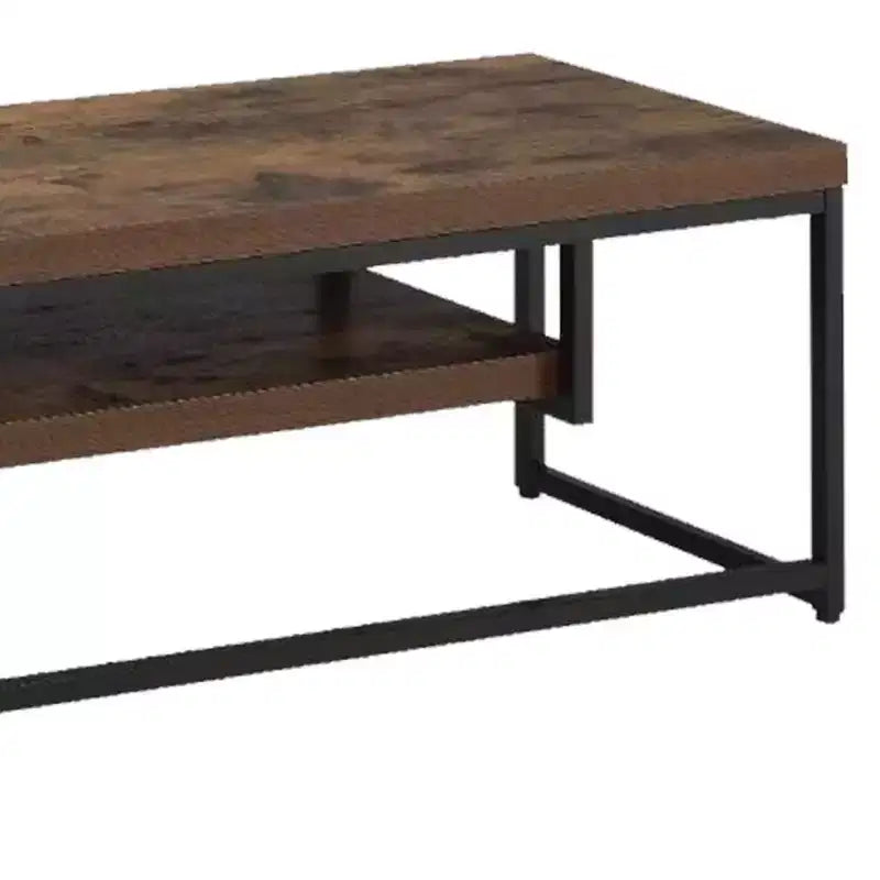 Mueble de TV de madera y metal con un estante, roble envejecido marrón y negro