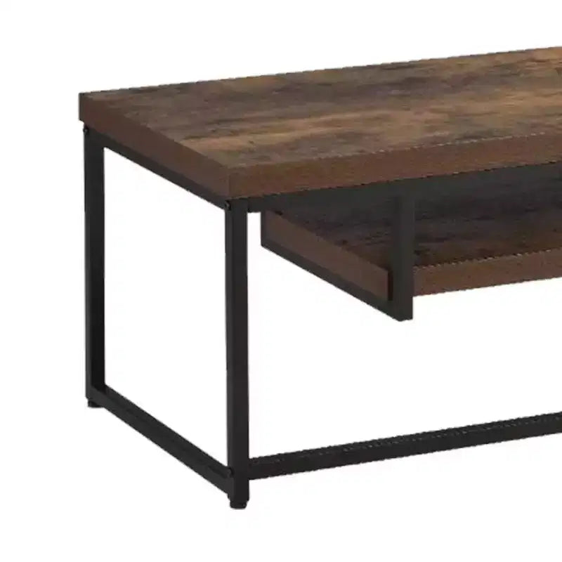 Mueble de TV de madera y metal con un estante, roble envejecido marrón y negro