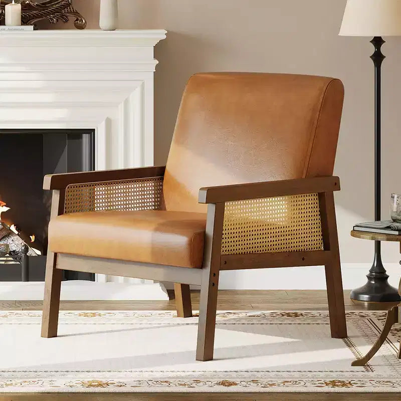 Sillón decorativo de ratán, sillas tapizadas para sala de estar con reposabrazos y patas de madera, sillón de lectura para dormitorio, solárium, recepción