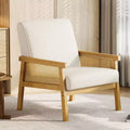 Rattan Accent Chair, Upholstered Living Room Chairs with Wood Armrest and Legs, Reading Armchair for Bedroom Sunroom Reception