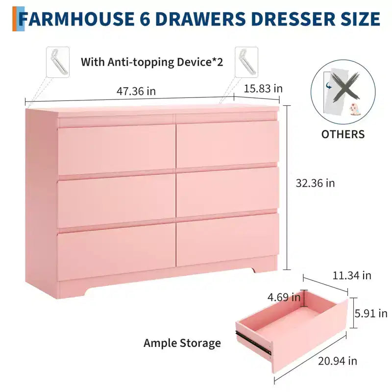 Cómoda moderna rosa de 6 cajones, cajonera ancha sin tiradores, organizador de almacenamiento doble de madera para dormitorio, sala de estar, entrada