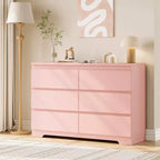 Cómoda moderna rosa de 6 cajones, cajonera ancha sin tiradores, organizador de almacenamiento doble de madera para dormitorio, sala de estar, entrada