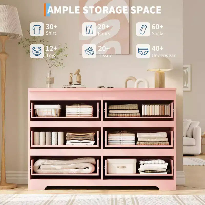Cómoda moderna rosa de 6 cajones, cajonera ancha sin tiradores, organizador de almacenamiento doble de madera para dormitorio, sala de estar, entrada