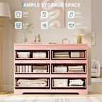 Cómoda moderna rosa de 6 cajones, cajonera ancha sin tiradores, organizador de almacenamiento doble de madera para dormitorio, sala de estar, entrada