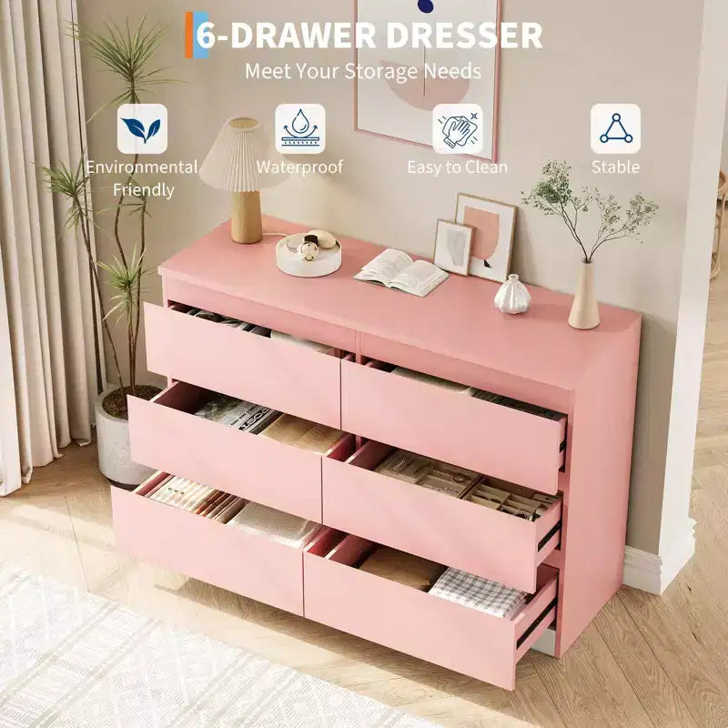 Cómoda moderna rosa de 6 cajones, cajonera ancha sin tiradores, organizador de almacenamiento doble de madera para dormitorio, sala de estar, entrada