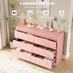 Cómoda moderna rosa de 6 cajones, cajonera ancha sin tiradores, organizador de almacenamiento doble de madera para dormitorio, sala de estar, entrada