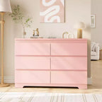 Cómoda moderna rosa de 6 cajones, cajonera ancha sin tiradores, organizador de almacenamiento doble de madera para dormitorio, sala de estar, entrada