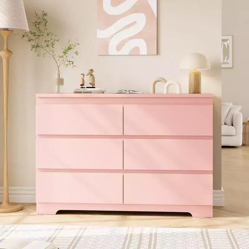 Cómoda moderna rosa de 6 cajones, cajonera ancha sin tiradores, organizador de almacenamiento doble de madera para dormitorio, sala de estar, entrada