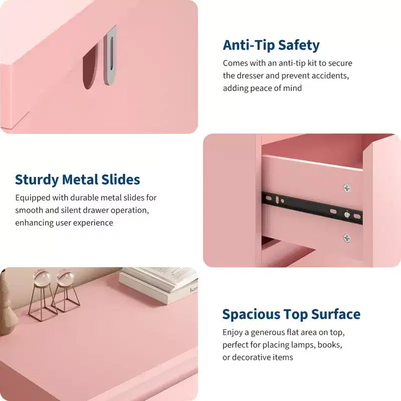 Cómoda moderna rosa de 6 cajones, cajonera ancha sin tiradores, organizador de almacenamiento doble de madera para dormitorio, sala de estar, entrada