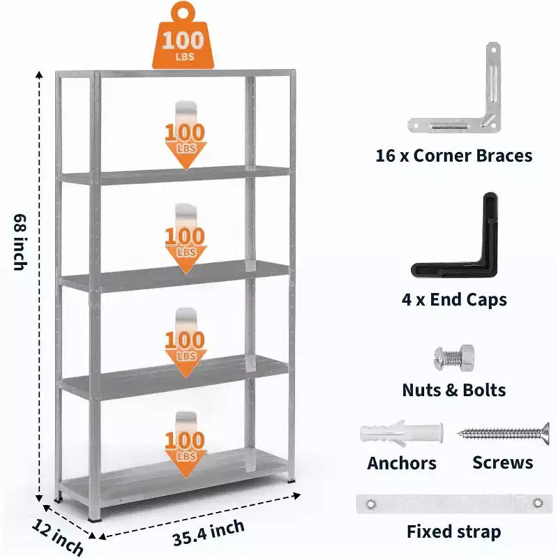 Estantería de acero de alta resistencia de 5 niveles, estantes de almacenamiento para garaje con capacidad de 226 kg con altura ajustable, estantes industriales de metal para interiores y exteriores
