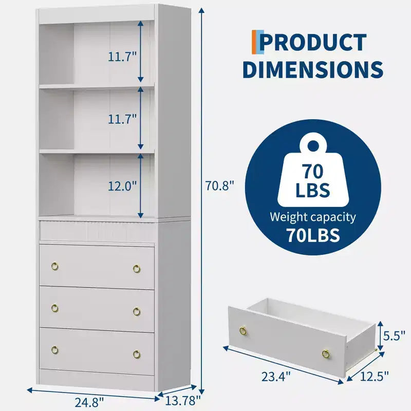 Estantería acanalada con cajones, librería blanca de 6 niveles de 70,8 pulgadas, gabinete de almacenamiento con diseño ondulado y estante abierto para sala de estar u oficina