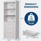 Estantería acanalada con cajones, librería blanca de 6 niveles de 70,8 pulgadas, gabinete de almacenamiento con diseño ondulado y estante abierto para sala de estar u oficina