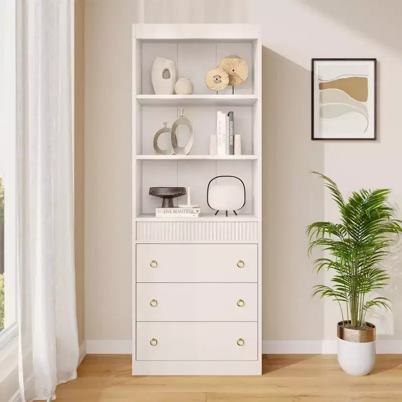 Estantería acanalada con cajones, librería blanca de 6 niveles de 70,8 pulgadas, gabinete de almacenamiento con diseño ondulado y estante abierto para sala de estar u oficina
