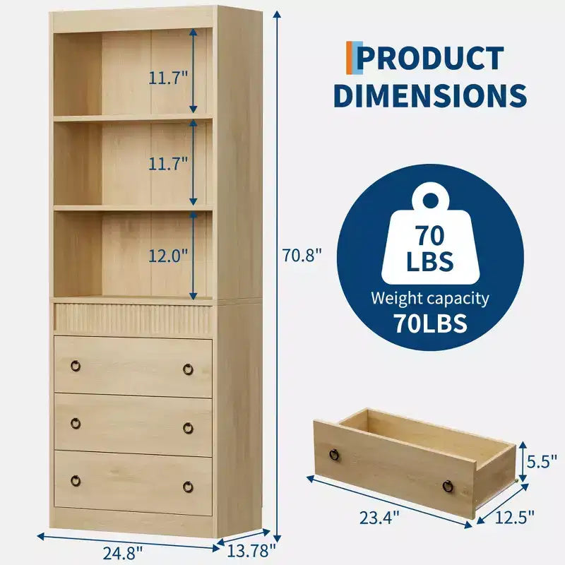 Estantería acanalada con cajones, librería blanca de 6 niveles de 70,8 pulgadas, gabinete de almacenamiento con diseño ondulado y estante abierto para sala de estar u oficina