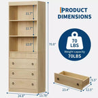 Estantería acanalada con cajones, librería blanca de 6 niveles de 70,8 pulgadas, gabinete de almacenamiento con diseño ondulado y estante abierto para sala de estar u oficina