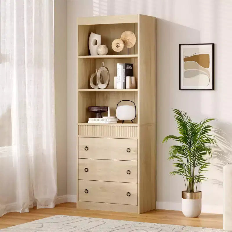 Fluted Bookcase with Drawers, 70.8 6-Tier White Bookshelf, Waved Design Storage Cabinet & Open Shelf for Living Room Office