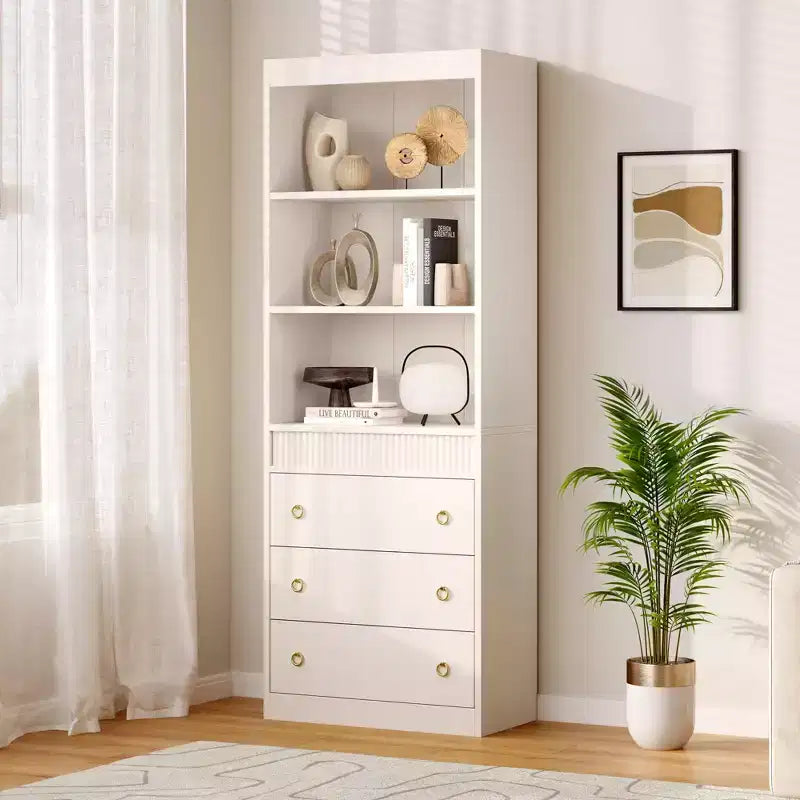Estantería acanalada con cajones, librería blanca de 6 niveles de 70,8 pulgadas, gabinete de almacenamiento con diseño ondulado y estante abierto para sala de estar u oficina