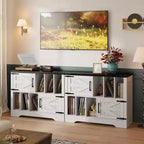 Mueble grande de vinilos de 39 pulgadas, tocadiscos de madera estilo rústico con gabinete de almacenamiento y 2 puertas de granero para sala de estar o dormitorio, blanco