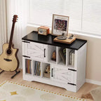 Mueble grande de vinilos de 39 pulgadas, tocadiscos de madera estilo rústico con gabinete de almacenamiento y 2 puertas de granero para sala de estar o dormitorio, blanco