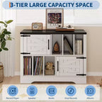 Mueble grande de vinilos de 39 pulgadas, tocadiscos de madera estilo rústico con gabinete de almacenamiento y 2 puertas de granero para sala de estar o dormitorio, blanco