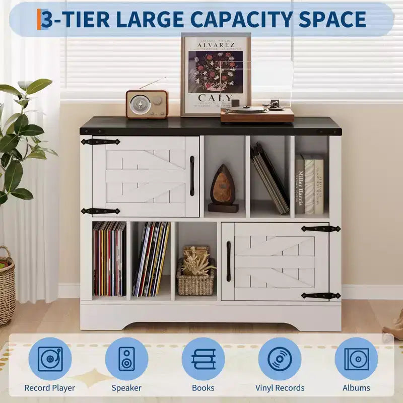 Mueble grande de vinilos de 39 pulgadas, tocadiscos de madera estilo rústico con gabinete de almacenamiento y 2 puertas de granero para sala de estar o dormitorio, blanco