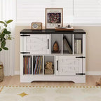 Mueble grande de vinilos de 39 pulgadas, tocadiscos de madera estilo rústico con gabinete de almacenamiento y 2 puertas de granero para sala de estar o dormitorio, blanco