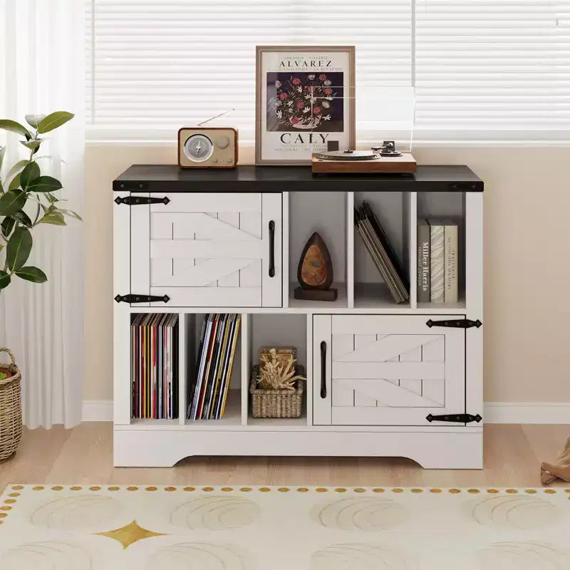 Mueble grande de vinilos de 39 pulgadas, tocadiscos de madera estilo rústico con gabinete de almacenamiento y 2 puertas de granero para sala de estar o dormitorio, blanco