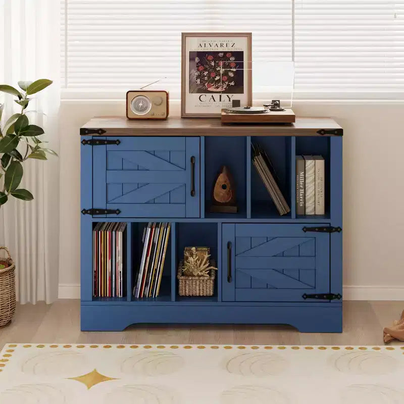 Mueble grande de vinilos de 39 pulgadas, tocadiscos de madera estilo rústico con gabinete de almacenamiento y 2 puertas de granero para sala de estar o dormitorio, blanco