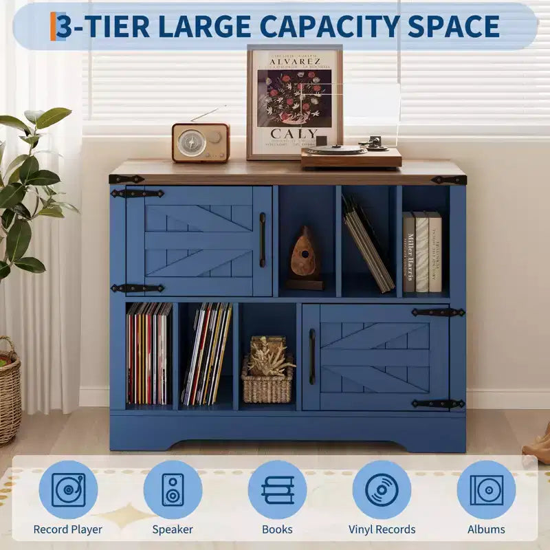 Mueble grande de vinilos de 39 pulgadas, tocadiscos de madera estilo rústico con gabinete de almacenamiento y 2 puertas de granero para sala de estar o dormitorio, blanco