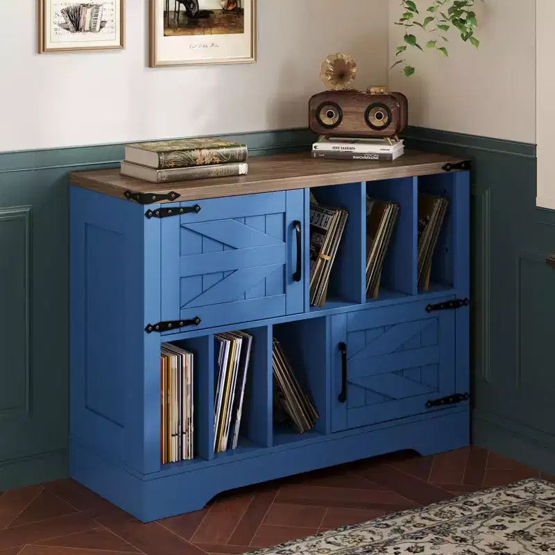 Mueble grande de vinilos de 39 pulgadas, tocadiscos de madera estilo rústico con gabinete de almacenamiento y 2 puertas de granero para sala de estar o dormitorio, blanco