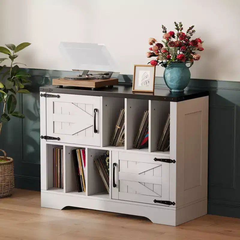 Mueble grande de vinilos de 39 pulgadas, tocadiscos de madera estilo rústico con gabinete de almacenamiento y 2 puertas de granero para sala de estar o dormitorio, blanco