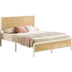 Modern Soft-padded Thick-bottomed Bed Frame, Equipped with Lighting and Adjustable Headboard, Bohemian Style, no Spring Box, White