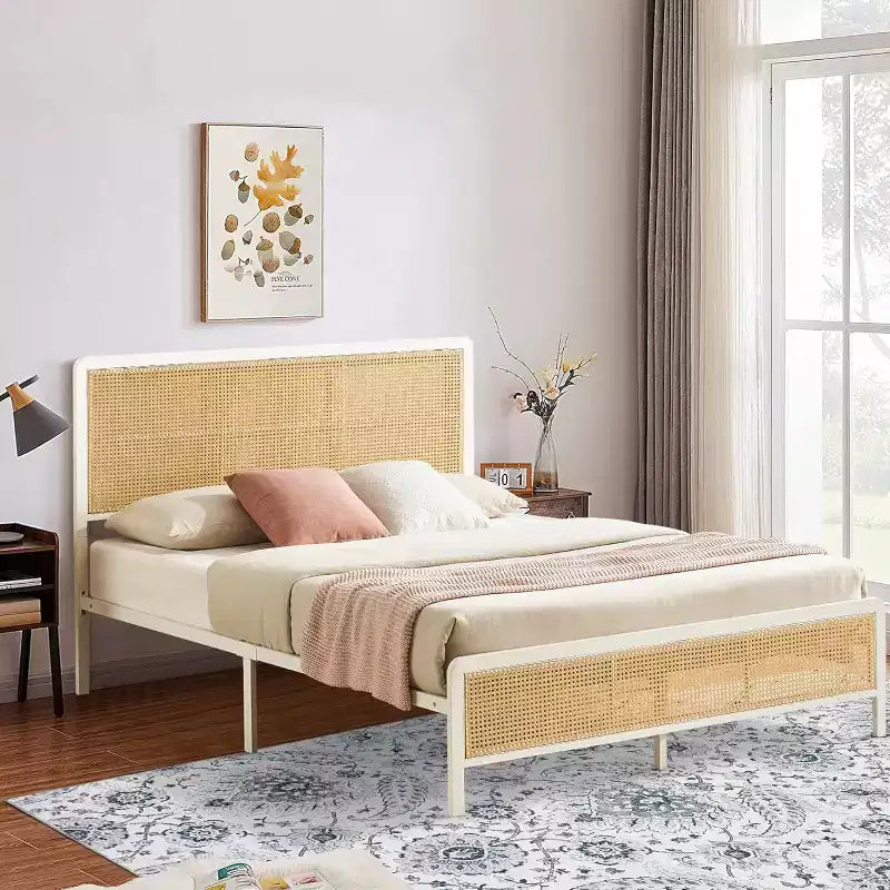Somier moderno acolchado con base gruesa, equipado con iluminación y cabecero ajustable, estilo bohemio, sin somier de muelles, blanco