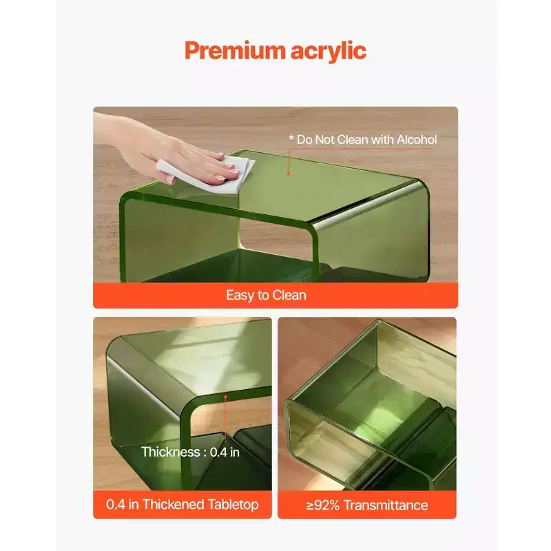 Mesita de noche auxiliar de acrílico transparente con estante de almacenamiento, verde, 11.8 x 15.4 x 17 pulgadas